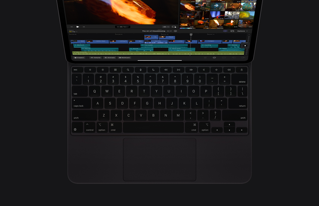 iPad Pro with black Magic Keyboard running Final Cut Pro for iPad.