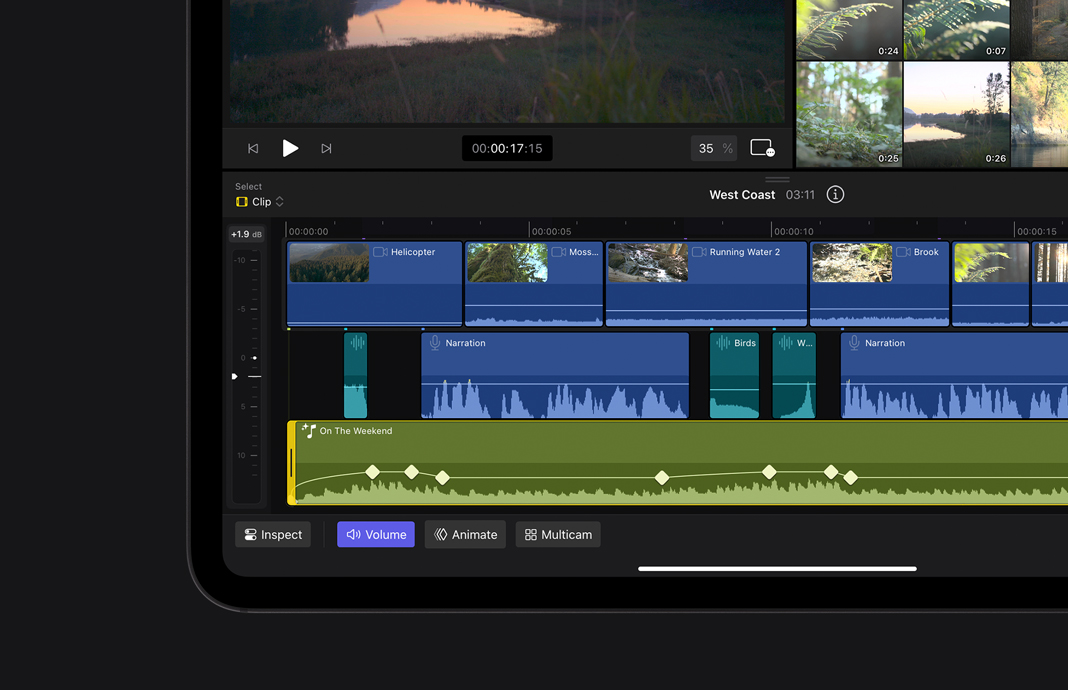 Animating video with keyframes in Final Cut Pro for iPad on iPad Pro.