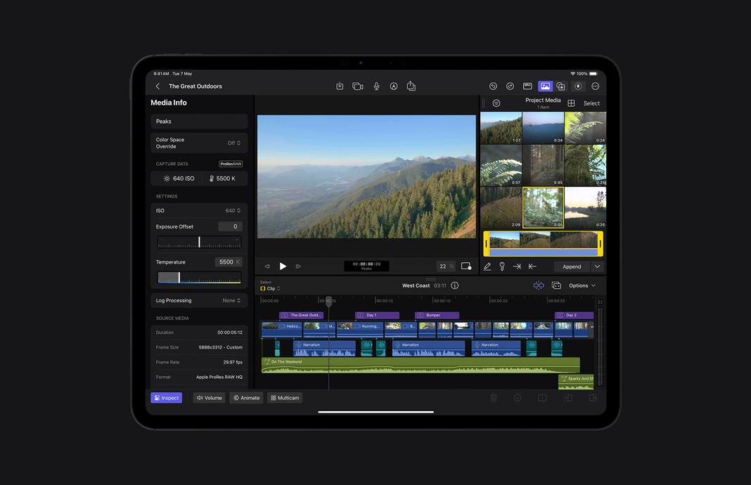 Media info screen for ProRes Raw footage showing image data in Final Cut Pro for iPad on iPad Pro.