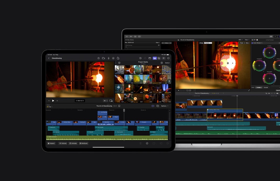 Footage of glassblowing shown on side by side iPad Pro and Mac. Apple Pencil with the title screen for a film in Final Cut Pro for iPad next to MacBook Pro with the same film being edited in Final Cut Pro.