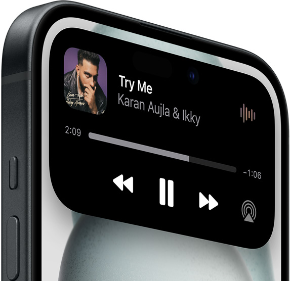 iPhone 15 showing Dynamic Island expanded view playing music.