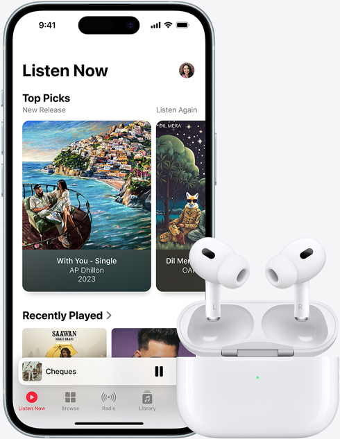 An image of iPhone 15 playing a track through Apple Music, sits next to a pair of AirPods.
