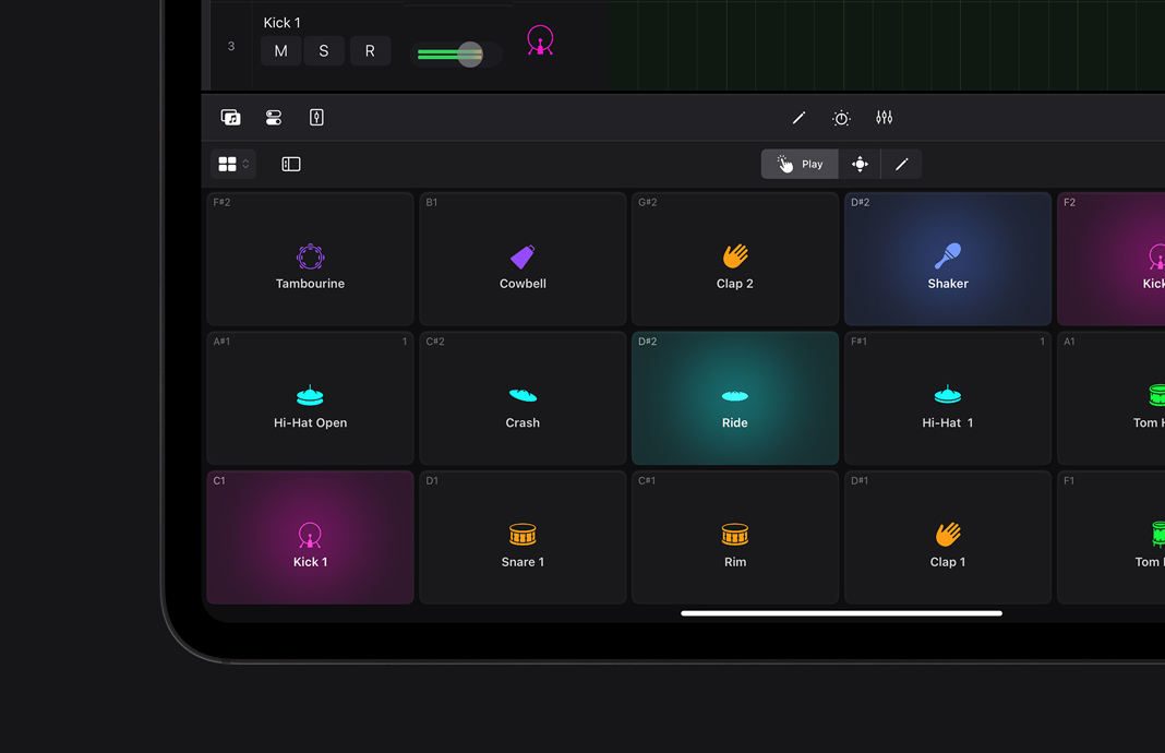 Close-up of a customised drum pad in Logic Pro for iPad on iPad Pro