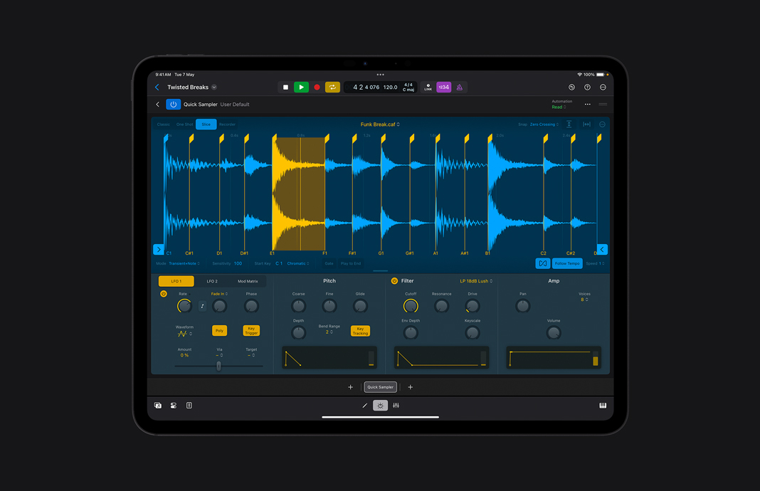 An audio sample being edited in Logic Pro for iPad on iPad Pro