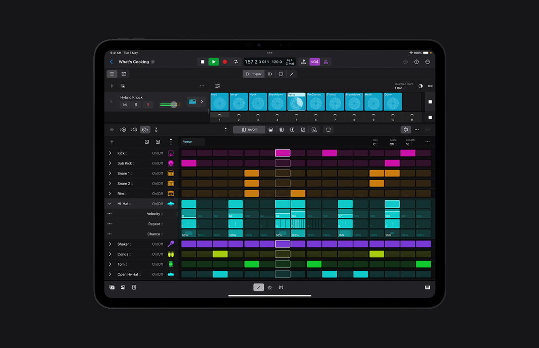 User interface of Step Sequencer in Logic Pro for iPad.