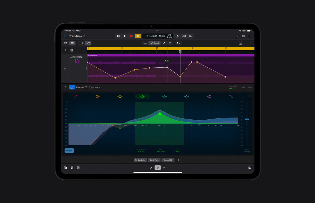 Close-up of channel strips on the mixing console in Logic Pro for iPad on iPad Pro