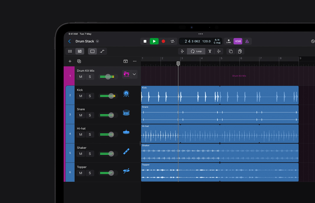 User interface of grouped performance tracks stacked and consolidated neatly in Logic Pro for iPad.