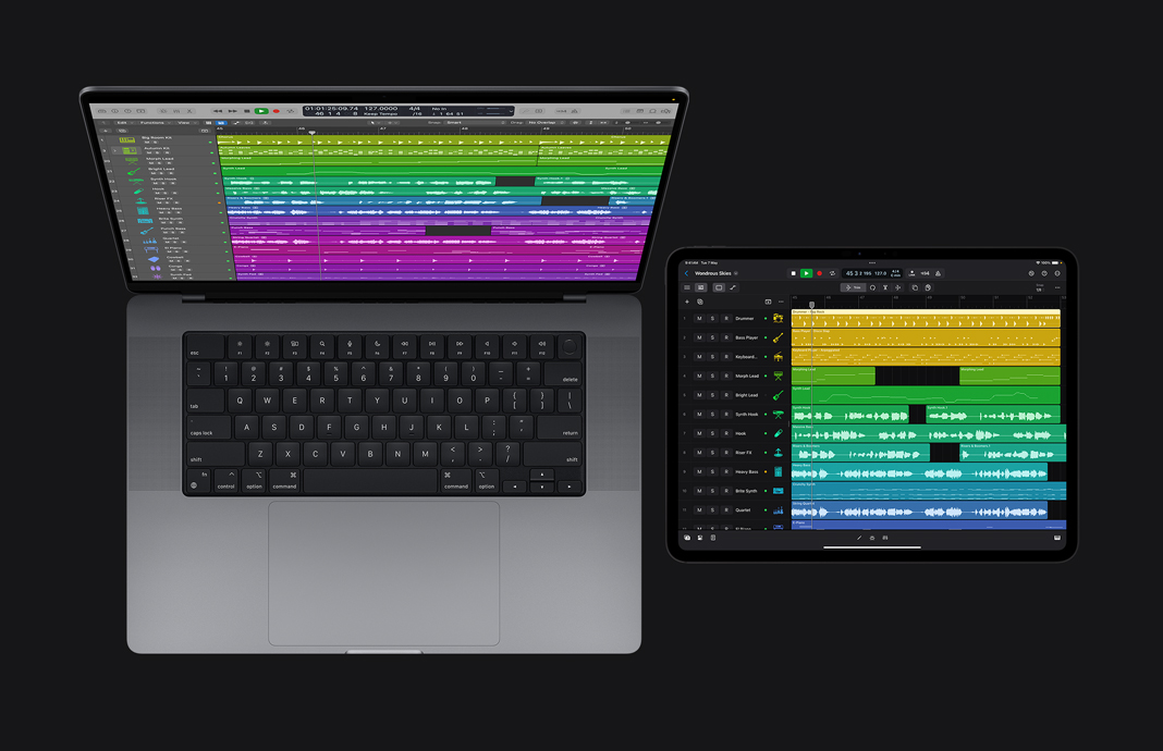 iPad Pro and MacBook Pro are side by side with both devices showing Logic Pro on their screen.