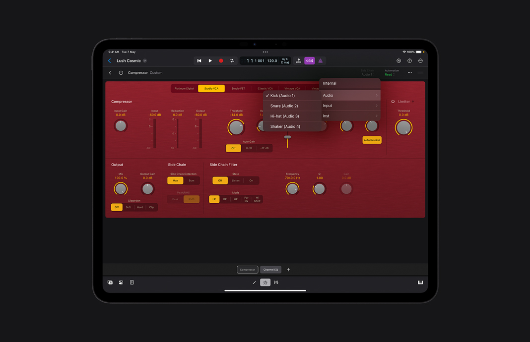 User interface of a compressor plug-in in Logic Pro for iPad.