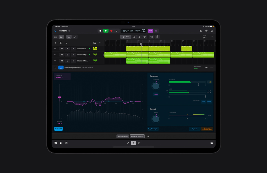 Search filtering system for all available sounds shown in Logic Pro for iPad on iPad Pro.