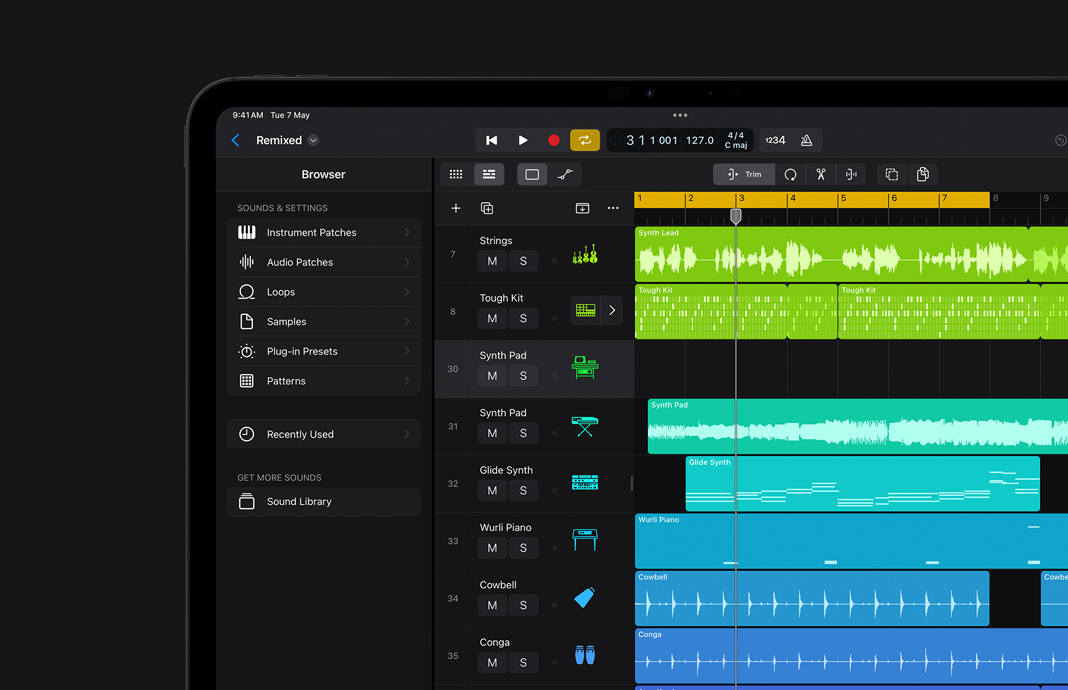 Quick view of sound library shown on Logic Pro on iPad Pro.