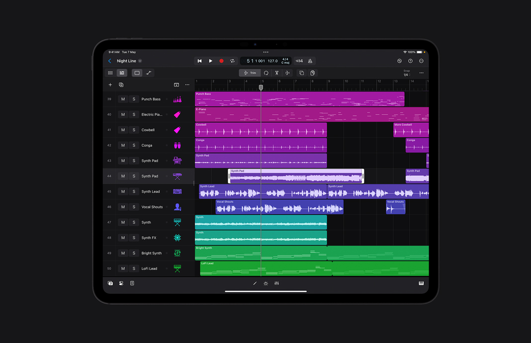 A wide view of project navigation for a multitrack project in Logic Pro on iPad Pro.