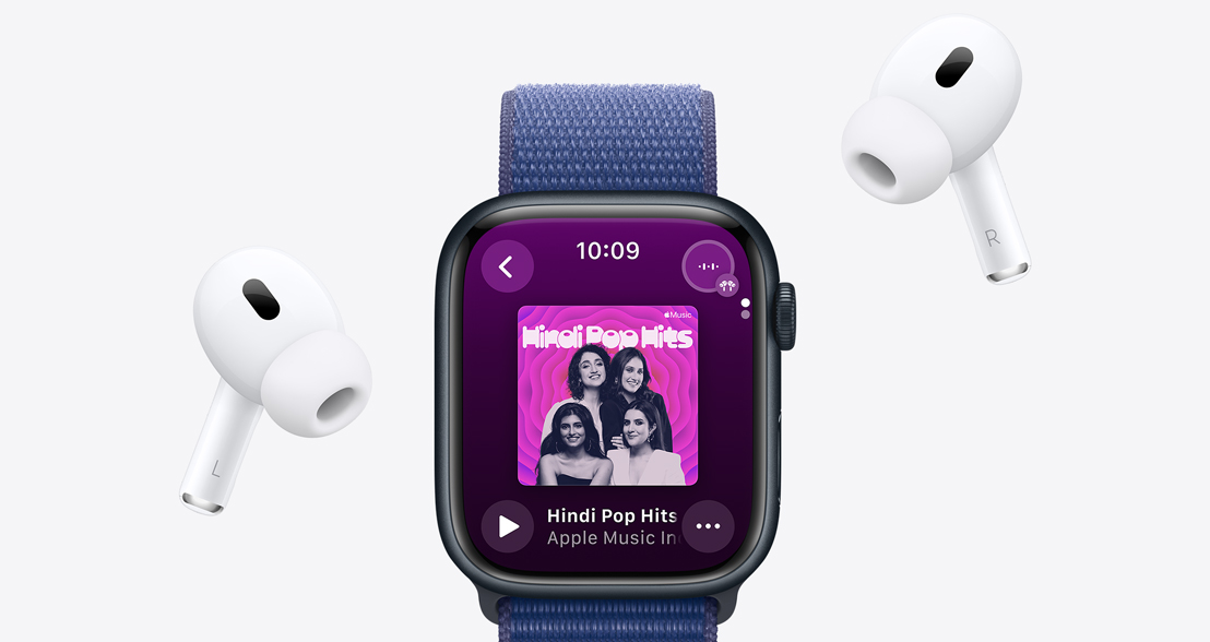 AirPods Pro around an Apple Watch Series 9 with an Apple Music Playlist playing.