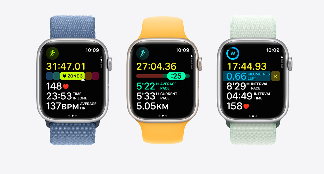 Three Apple Watch Series 9. The first shows Heart Rate Zones in a workout, the second shows Pacer and the third shows a custom workout with intervals.