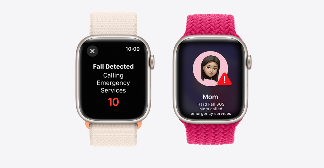 Two Apple Watch Series 9. The first shows a fall detected screen where emergency services are being called. The second shows that "Mom" had a hard fall detected where emergency services were called.