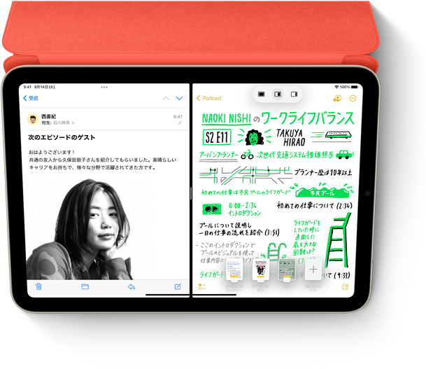 Smart FolioとApple Pencilを装着したiPad mini上に表示された、メールアプリのメッセージとメモアプリの手書きメモのSplit View