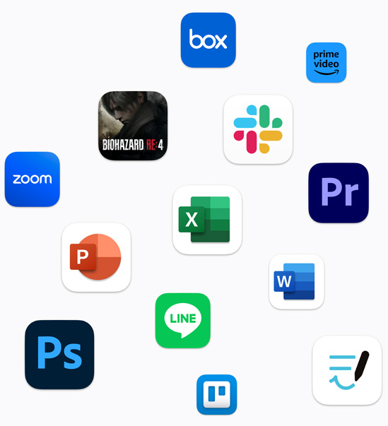 Box、BIOHAZARD VILLAGE for Mac、Amazonプライム・ビデオ、Slack、Zoom、Microsoft Excel、Microsoft PowerPoint、Microsoft Word、Adobe Premiere、Adobe Photoshop、LINE、Goodnotes、Trelloのアプリアイコンが表示されている。