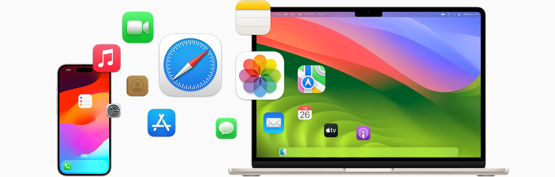 iPhoneとMacBook Airの間に、たくさんのアプリが表示されている。