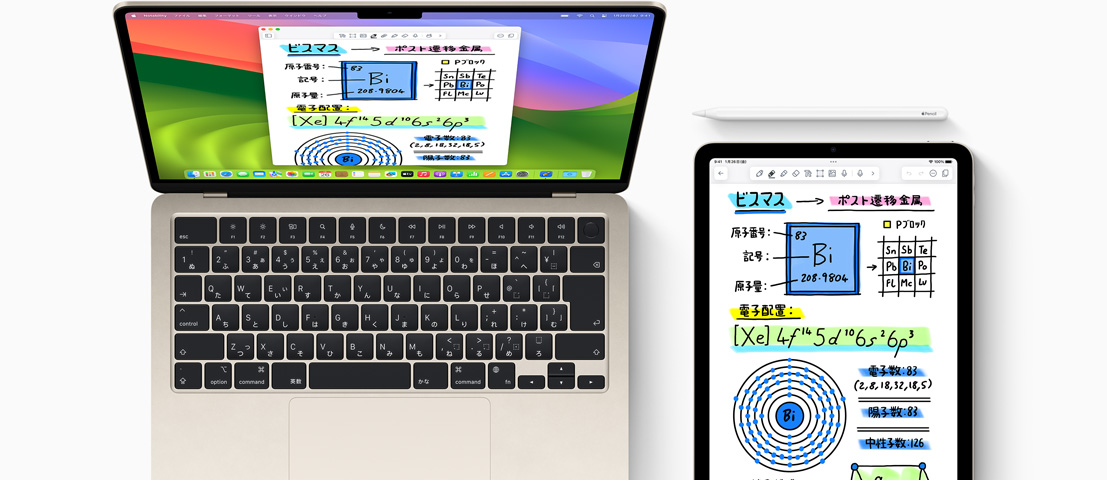iPadとMacBook Pro上に、同期しているPagesの書類が表示されている。