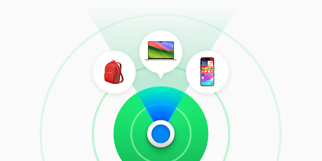 「探す」アプリを使って、AirTagがついているバッグ、MacBook、iPhoneがある場所を検索している画面。