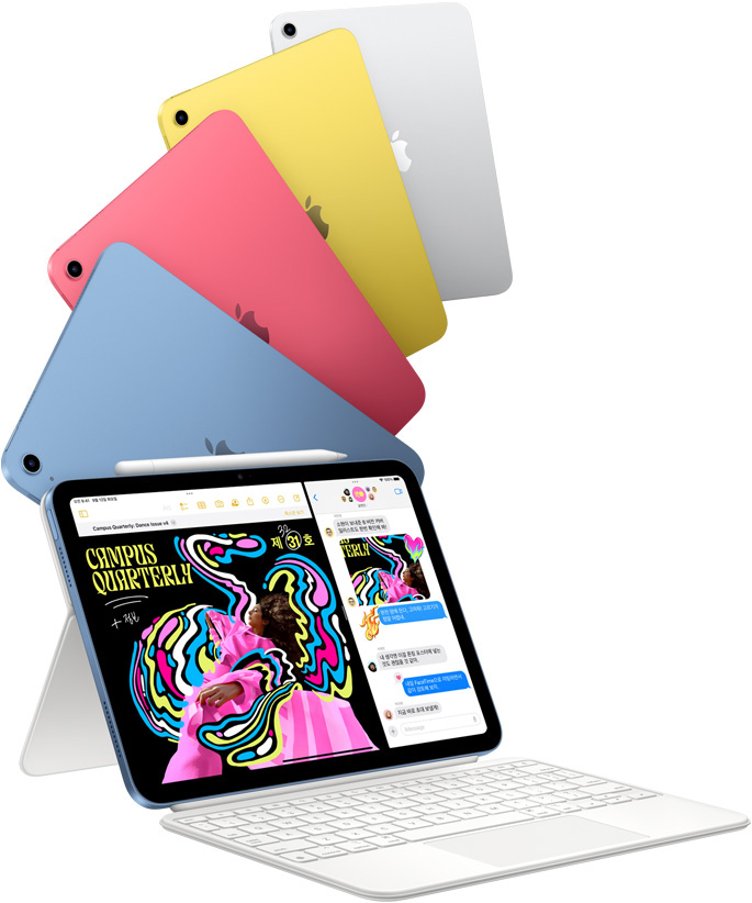 블루, 핑크, 옐로, 실버 색상의 iPad가 있고, iPad 하나는 Magic Keyboard Folio에 부착된 모습.