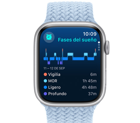 Vista frontal de un Apple Watch que muestra las fases del sueño.