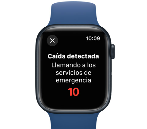 Vista frontal de un Apple Watch con un mensaje que avisa que se llamará a los servicios de emergencia en 10 segundos.