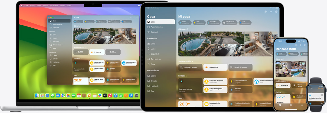 Se muestra la interfaz de la app Casa en una Mac, un iPad, un iPhone y un Apple Watch.