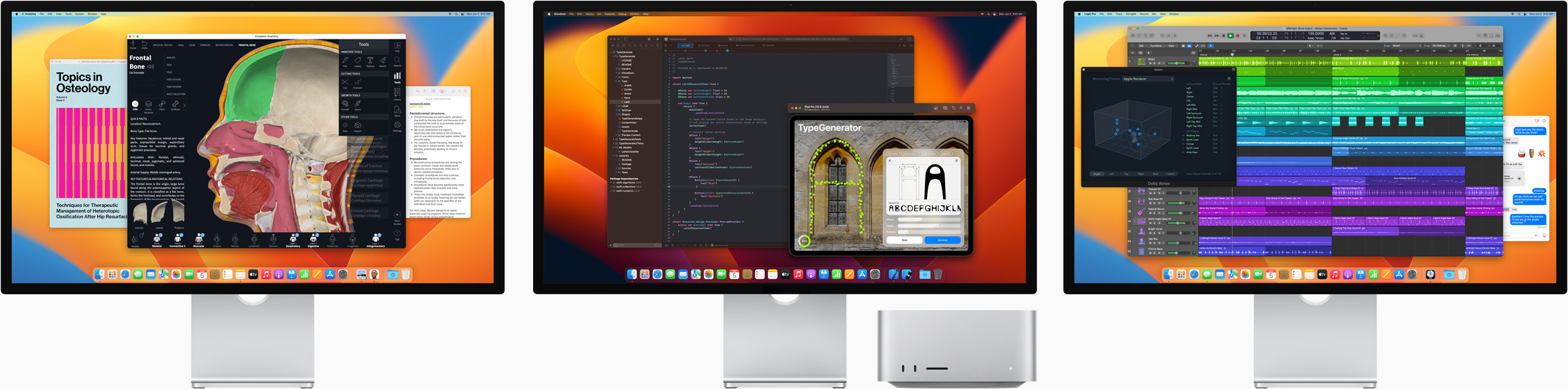 Una Mac Studio junto a tres monitores Studio Display, cada uno con una app diferente abierta