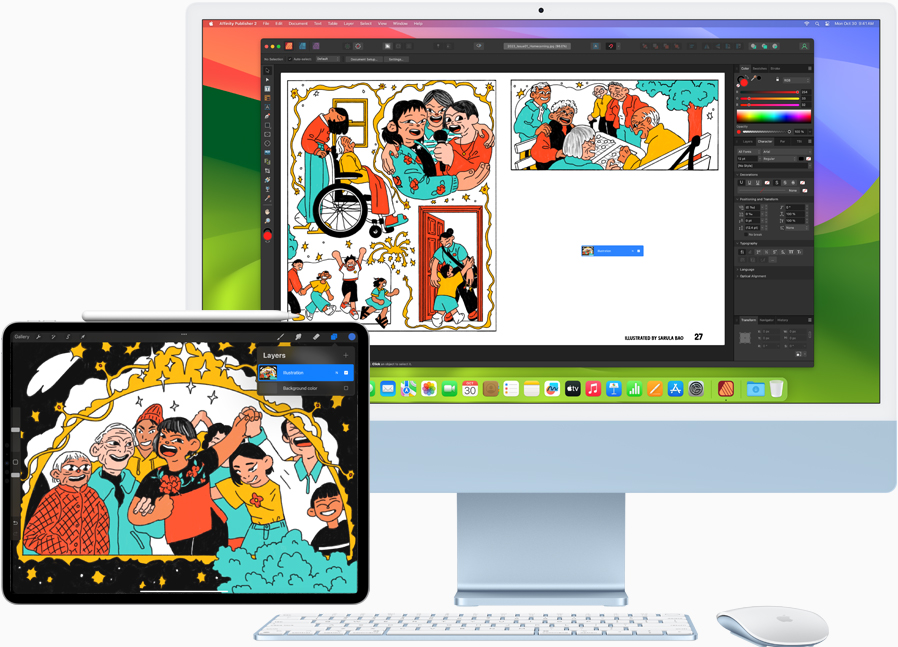 Un iPad Pro de 12.9 y una iMac muestran el proyecto creativo de una persona. El proyecto principal está en la iMac y el iPad está funcionando como pantalla secundaria.
