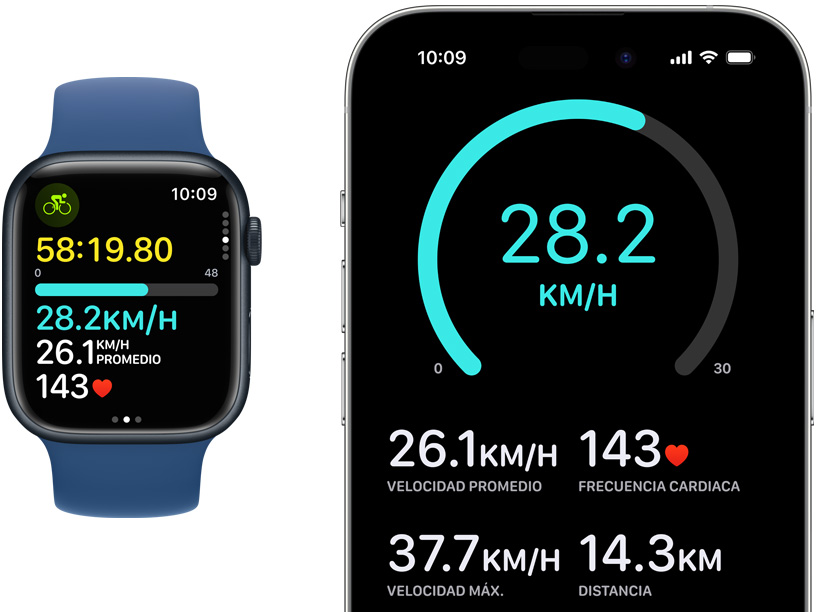 Imágenes de un Apple Watch y un iPhone que muestran métricas de bicicleta en vivo