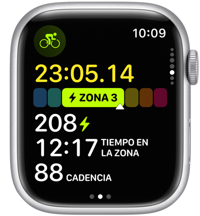 Imagen de la carátula de un Apple Watch que muestra un medidor de potencia, parte de la visualización de entrenamiento con Zonas de Potencia