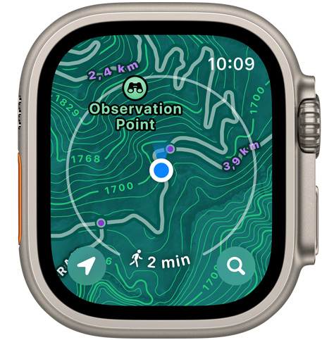 Imagen frontal de un Apple Watch que muestra información sobre senderos, curvas de nivel, elevación y puntos de interés