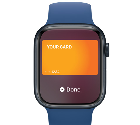 „Apple Watch“ vaizdas iš priekio. Atliktas mokėjimas naudojant „Apple Pay“.