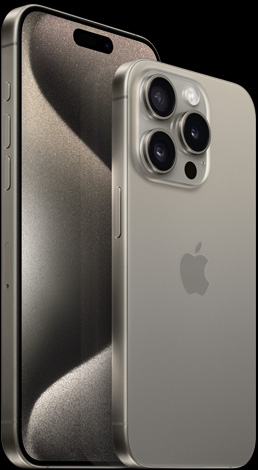 Natūralaus titano korpuso 6,7 colio „iPhone 15 Pro Max“ vaizdas iš priekio ir 6,1 colio „iPhone 15 Pro“ vaizdas iš galo