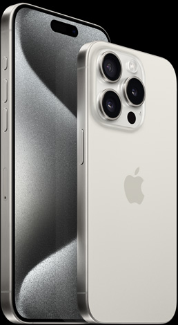 Balto titano spalvos 6,7 colio „iPhone 15 Pro Max“ vaizdas iš priekio ir 6,1 colio „iPhone 15 Pro“ vaizdas iš galo