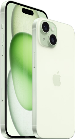 Žalios spalvos 6,7 col. „iPhone 15 Plus“ vaizdas iš priekio ir 6,1 colio „iPhone 15“ vaizdas iš galo.