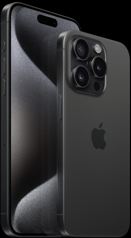 Skats no priekšpuses uz 6,7″ iPhone 15 Pro Max un skats no aizmugures uz 6,1″ iPhone 15 Pro melna titāna krāsā