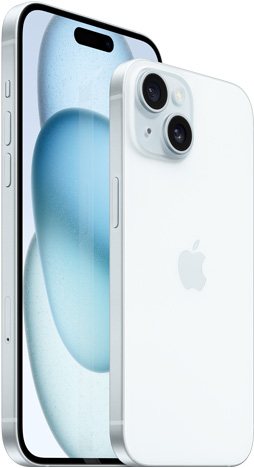 Skats no priekšpuses uz 6,7 collu iPhone 15 Plus un skats no aizmugures uz 6,1 collas iPhone 15 zilā krāsā.