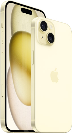 Skats no priekšpuses uz 6,7 collu iPhone 15 Plus un skats no aizmugures uz 6,1 collas iPhone 15 dzeltenā krāsā.