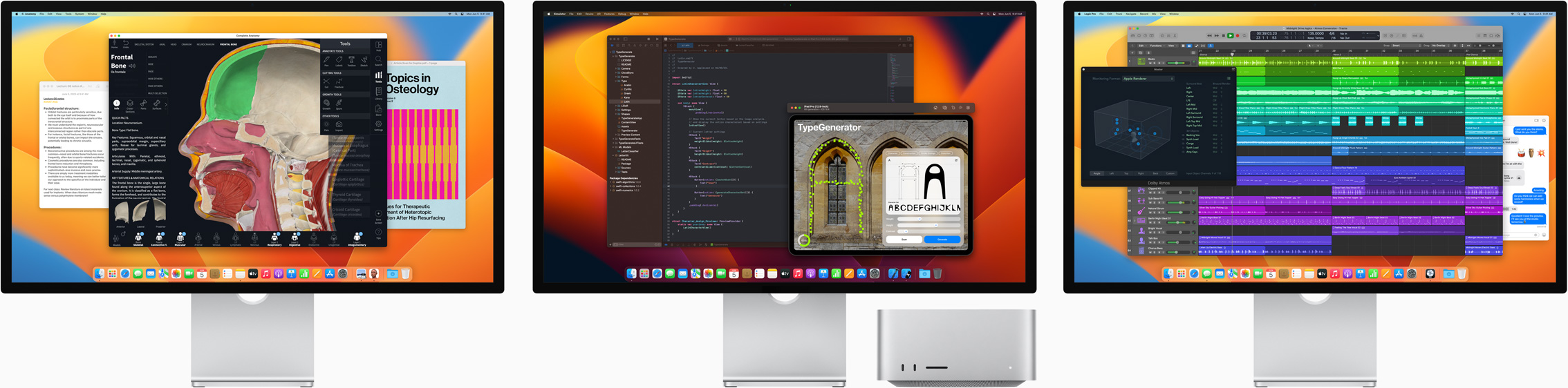 Mac Studio un trīs Studio Display ekrāni, katrā redzamas dažādas aplikācijas