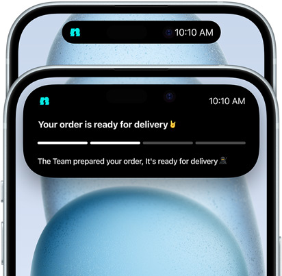 iPhone 15 showing Dynamic Island expanded view of Doordash delivery status