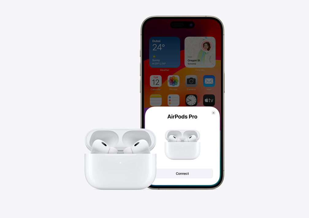 A visual depicting the simple, one-tap setup of AirPods on iPhone.