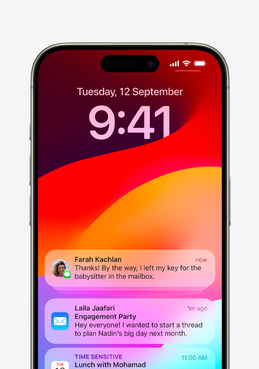 An iPhone screen displays an encrypted iMessage, a Mail notification, and a time-sensitive Calendar invite.