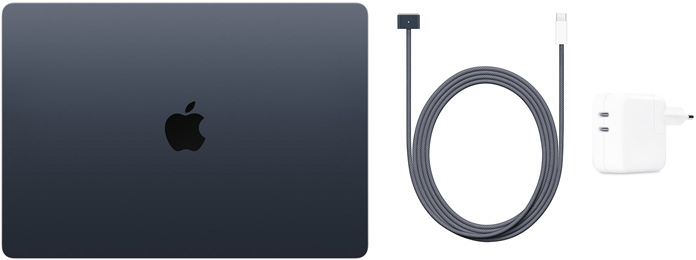 15‑calowy MacBook Air, przewód z USB‑C na MagSafe 3 i kompaktowy zasilacz z dwoma portami USB‑C o mocy 35 W