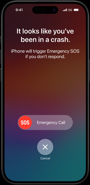 Ecranul Detectare accident pe care este afișat mesajul „Se pare că ai suferit un accident. iPhone va declanșa S.O.S. urgențe dacă nu răspunzi.