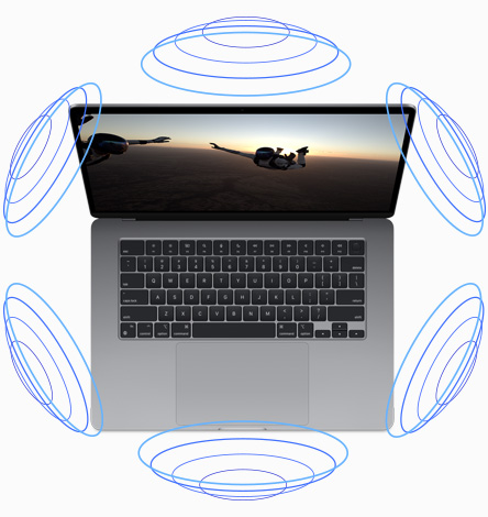 Vedere de sus a unui MacBook Air cu o ilustrație care demonstrează cum funcționează sistemul Audio spațial în timpul unui film