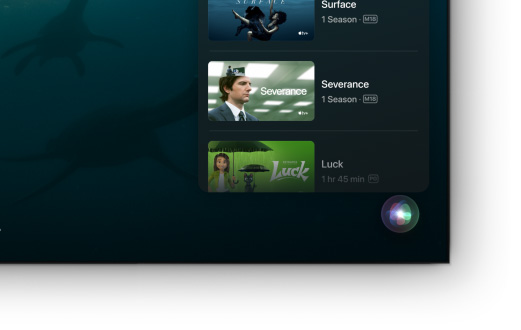 A flat-screen television showing list of Apple TV+ movies and shows