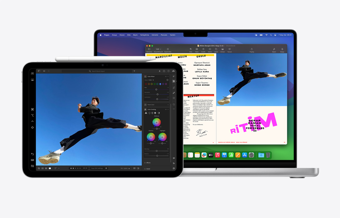 iPad’de düzenlenen bir fotoğrafın Mac’teki Pages belgesinde nasıl kullanılabileceğini vurgulayan iPad ve MacBook Pro’nun yan yana fotoğrafı.
