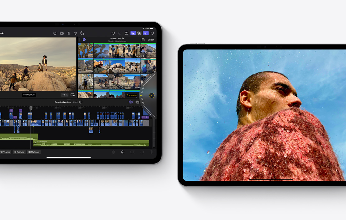 Ekranlarında Final Cut Pro 2.0 ve Fotoğraflar uygulamaları gösterilen iki iPad Pro.
